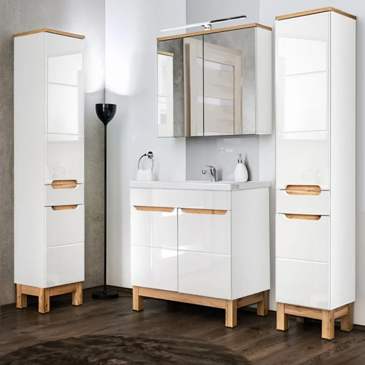 Badezimmer Hochschrank SOLNA-56 Hochglanz weiß mit Wotaneiche, B x H x T ca. 35 x 187 x 33cm – Bild 6