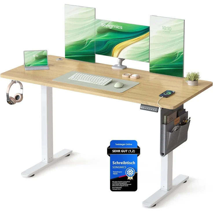 SONGMICS Höhenverstellbarer Schreibtisch elektrisch, 140x60 cm, Memory-Funktion mit 4 Höhen, USB-C-Anschluss, goldeichenfarben LSD134YA01 – Bild 1