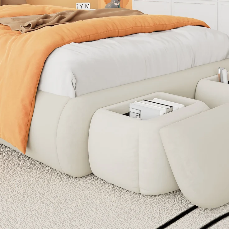 Polsterbett 90×200 mit Hasenohren & dimmbarem LED-Licht, Samtbezug Beige, inkl. Aufbewahrungshockern Einzelbett – Bild 5