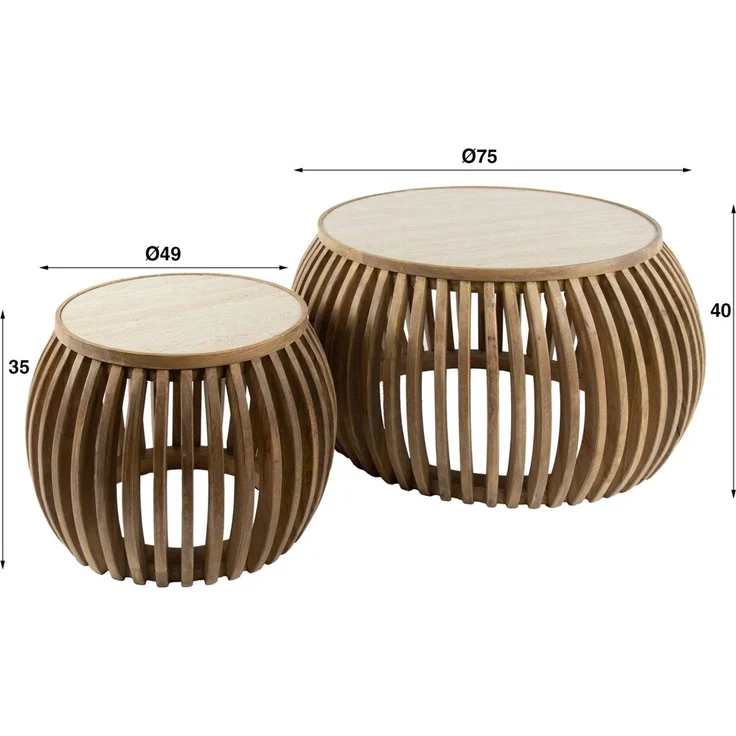 Couchtisch Set Tratin aus massivem Mangoholz, skandinavisches Design, rund, natur beige, Travertin-Optik – Bild 2