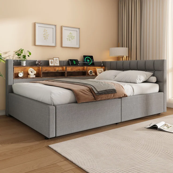 Daybett, Tagesbett, Schlafsofa,140x200 cm, Ohne Matratze, Hydraulische Lagerung, mit dimmbarer LED-Leiste, mit praktischem Regal, mit USB-Anschluss,Grau – Bild 3