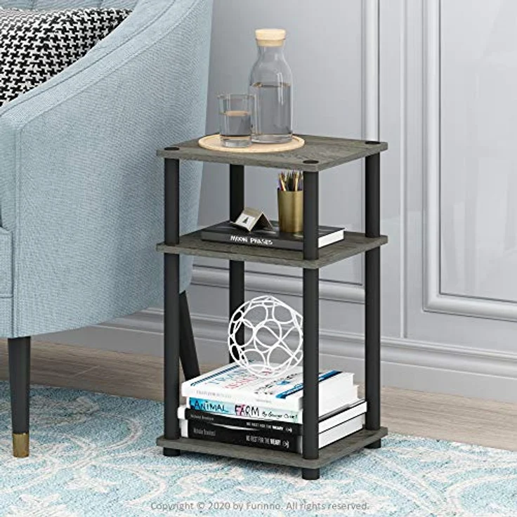 Furinno Beistelltisch mit 3 Ebenen, holz, Französische Eiche Grau/Schwarz, 34.04 x 29.21 x 57.91 cm – Bild 3