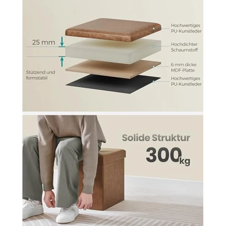 Songmics Sitzhocker 38 cm, Aufbewahrungsbox faltbar, Fußhocker mit Deckel, aus Kunstleder, bis 300 kg belastbar, für Eingang, Wohnzimmer, Schlafzimmer, kaffeebraun LSF010K01 – Bild 5