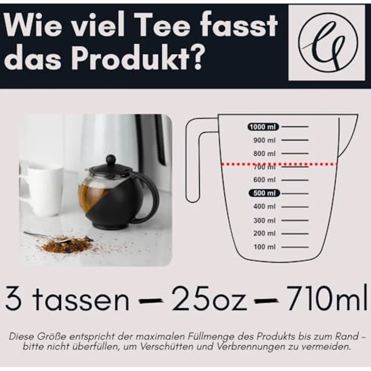 Café Ole Everyday Runde Teekanne Infuser Korb Glas Teekanne Lose Blatt, Schwarz, 700 ml - 24 oz – Bild 5
