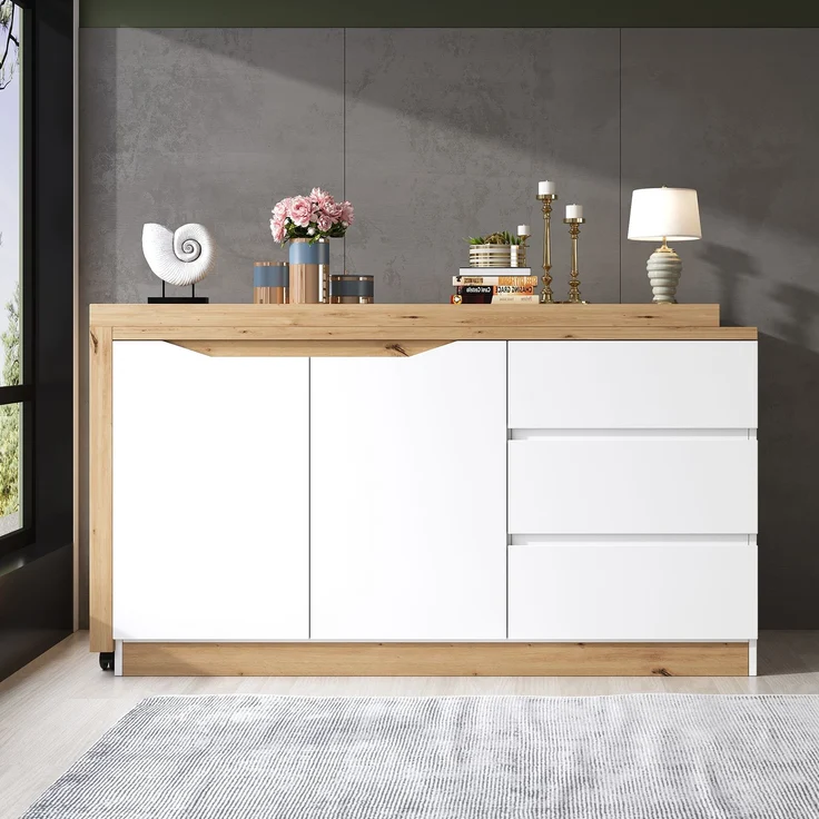 ZUBALIYA Schreibtisch mit feststellbaren Rollen – multifunktionales Design, 4 cm dickere, drehbare Tischplatte, fest arretierbar, weiß/Eiche, Faltbarer Schreibtisch, Eckschreibtisch, Sideboard,Dicke Materialie – Modell N880P4642134O – Bild 2