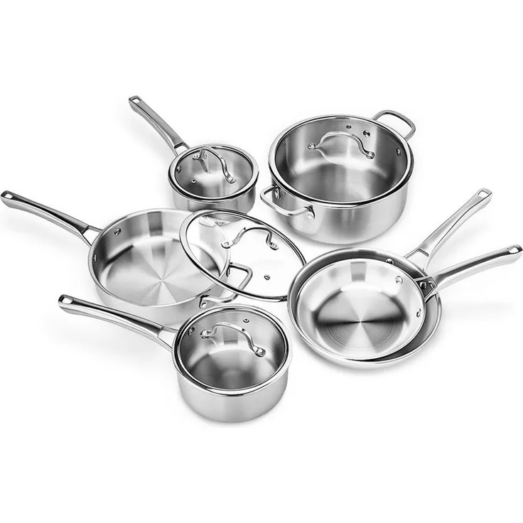 VINGLI Pfannen-Set Pfannenset Edelstahl, Bratpfannen, PTFE frei, (10-tlg, 2 Pfannen 4 Töpfe mit 4 Glasdeckeln), für alle Herdarten, Spülmaschinenfest