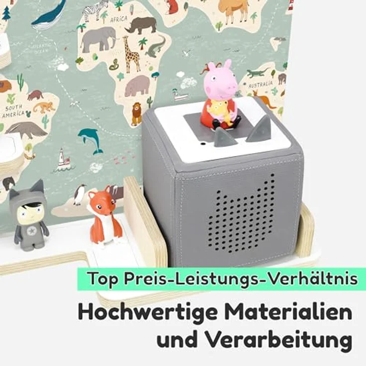stadtecken Holzregal für Musikbox I Geeignet für die Toniebox und ca. 35 Tonies I Perfekte Tonie Aufbewahrung im Kinderzimmer I Zum Aufstellen oder Aufhängen I Atlas, mit schmalen Boden – Bild 4