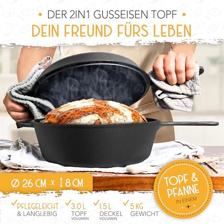 Krustenzauber Brotbackform 26cm Gusseisen Topf Brot Backen inkl. Gärkorb, (Robuster Brottopf mit Deckel - Idealer Brotbacktopf), Brotbackset Gusseisentopf Brotbacken, Brot Backen Zubehör, Brotform – Bild 6