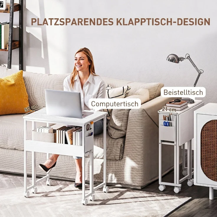 MELAYR, Faltbarer Schreibtisch, zum Beistelltisch umwandelbar, offenes Regal, Weiß, 63 x 50 x 75 cm – Bild 6