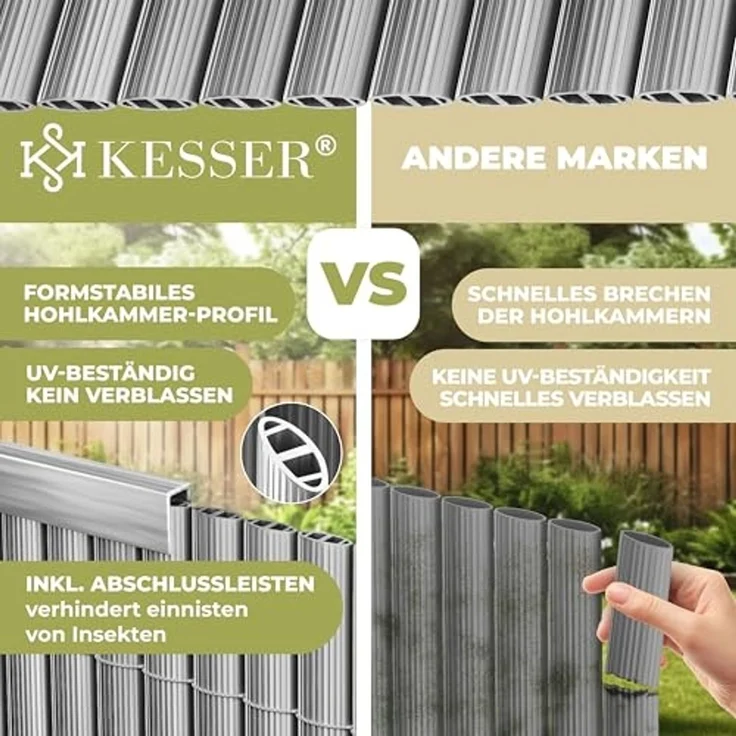 KESSER® PVC Sichtschutzmatte Sichtschutzzaun Balkonverkleidung Windschutz verstärkte Lamellen für Garten Balkon & Terrasse Balkonumrandung inkl Kabelbindern, Abdeckung & Handschuhe Hellgrau, 90 x 500 cm – Bild 6