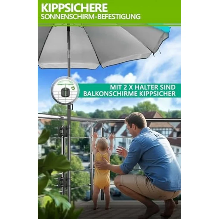 4smile Sonnenschirm Balkon SunnyJoy im 4er-Set - UPF 50+ Balkon Schirm + 2 x Sonnenschirmhalter Balkongeländer SunnyEasy + Sonnenschirmhülle - Sonnenschirm Strand 180 cm in Türkis – Bild 3