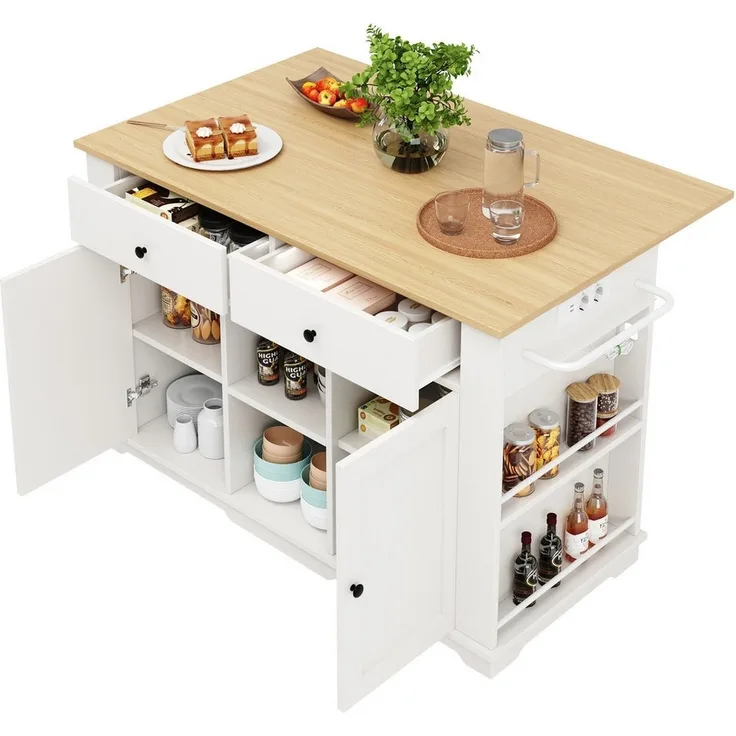 MODFU Küchenwagen mit Holzmaserung, (Küchenschrank, Servierwagen, Speisewagen, Buffetschrank, 1 St, Kücheninsel mit 2 Türen, 2 Schubladen, 4 offene Fächer), mit Steckdosenleiste ausgestattet, arbeitsplatte