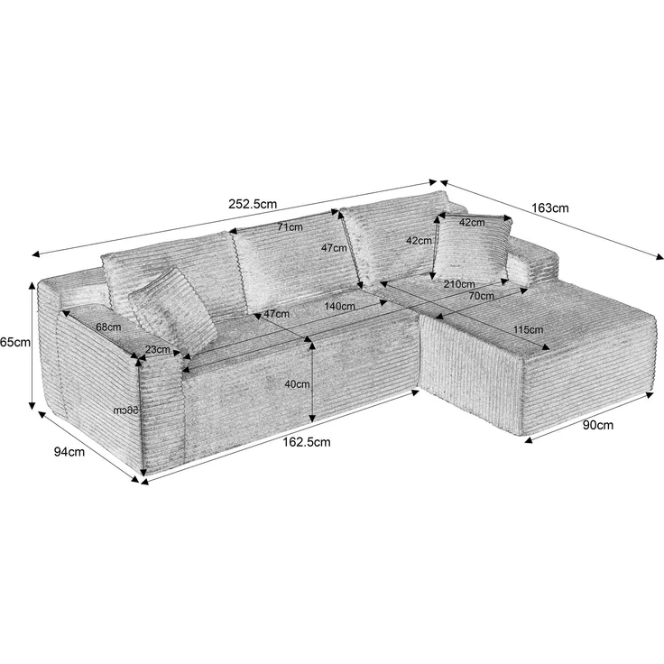 Sofa modular in Schwarz, L-Form, atmungsaktiver Stoff, Memory-Schaum und Federkern, flexibel kombinierbar,65x252.5x163 cm – Bild 5