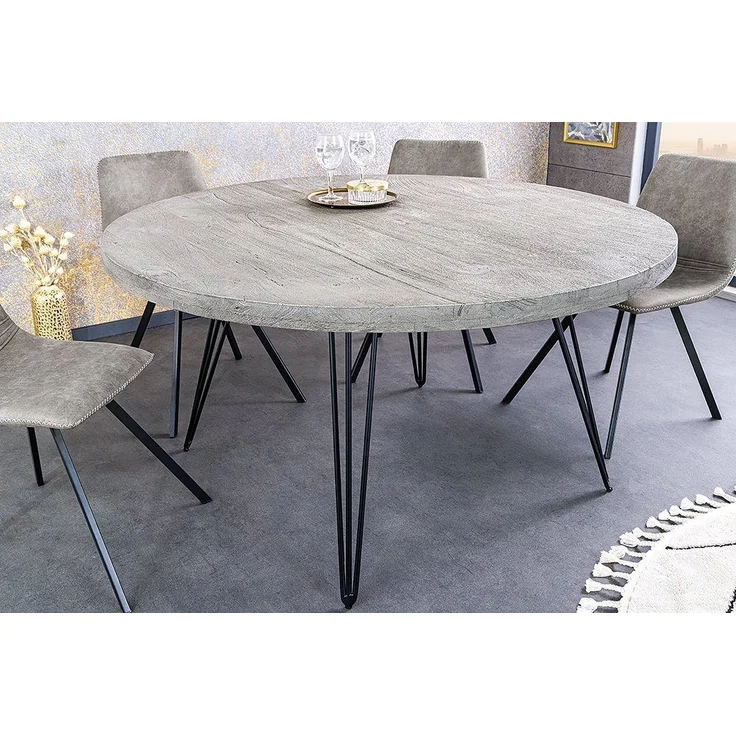 riess-ambiente Esstisch SCORPION Ø120cm grau / schwarz · 4,5cm Tischplatte (Einzelartikel, 1-St), Küche · Mango-Massivholz · Metall · rund · Hairpin Legs · Retro Design