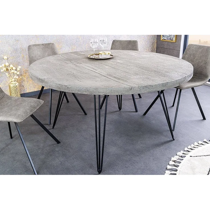 riess-ambiente Esstisch SCORPION Ø120cm grau / schwarz · 4,5cm Tischplatte (Einzelartikel, 1-St), Küche · Mango-Massivholz · Metall · rund · Hairpin Legs · Retro Design