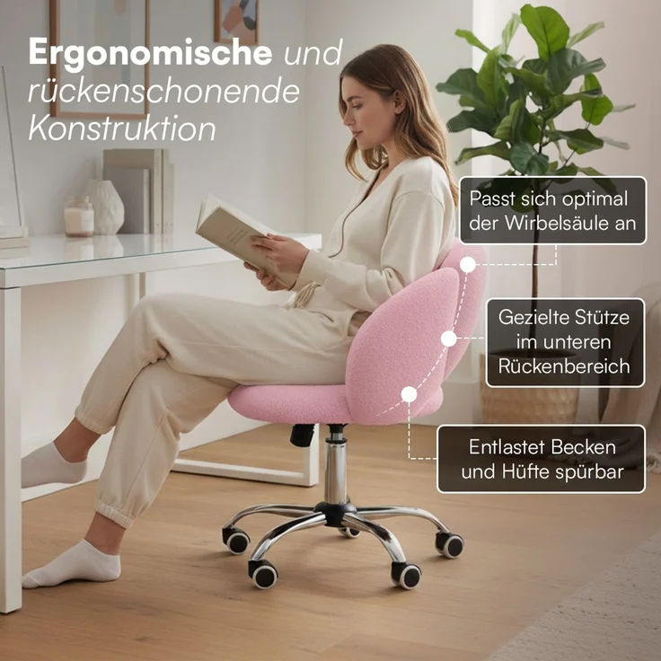 Bellamio 'Meli' Wolkenstuhl, rosa, Teddy-Bouclé Stoff, höhenverstellbar & drehbar, bis 140 kg, Schmink- & Schreibtischstuhl mit Rollen – Bild 3