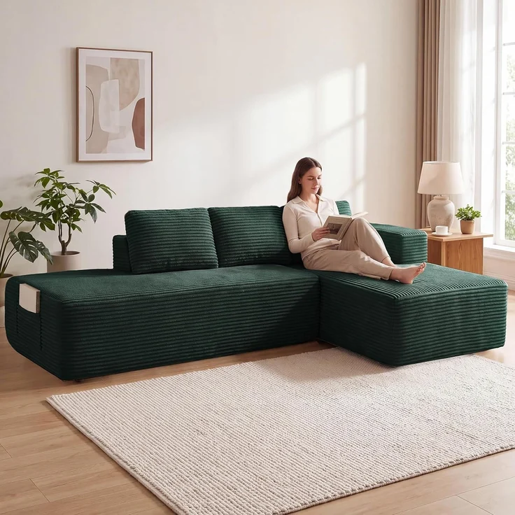 COMHOMA Ecksofa mit Schlaffunktion, 255cm Corduroy Modulares Boneless Couch mit Chaiselongue & Rücken-Metallgestell, L-Form Schlafsofa mit offenem Design, Kissen & Seitentaschen,für Wohnzimmer, Grün-L – Bild 9