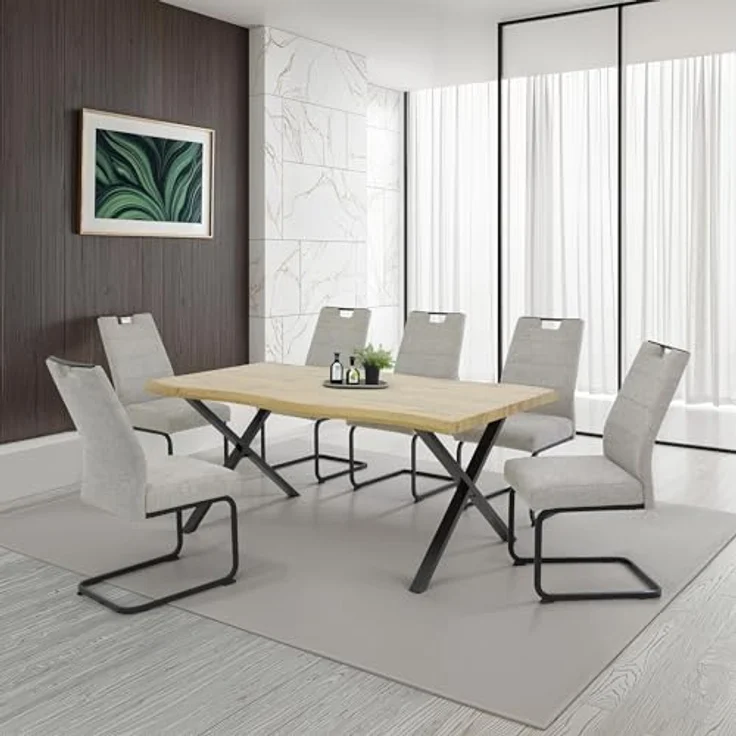 Hela Tische, 2er Set Esszimmerstuhl Freischwinger Kerstin, Bezug Webstoff Beige, Vierkantgestell + Griff Schwarz, Komfortsitz Federkorb, 140kg belastbar – Bild 3