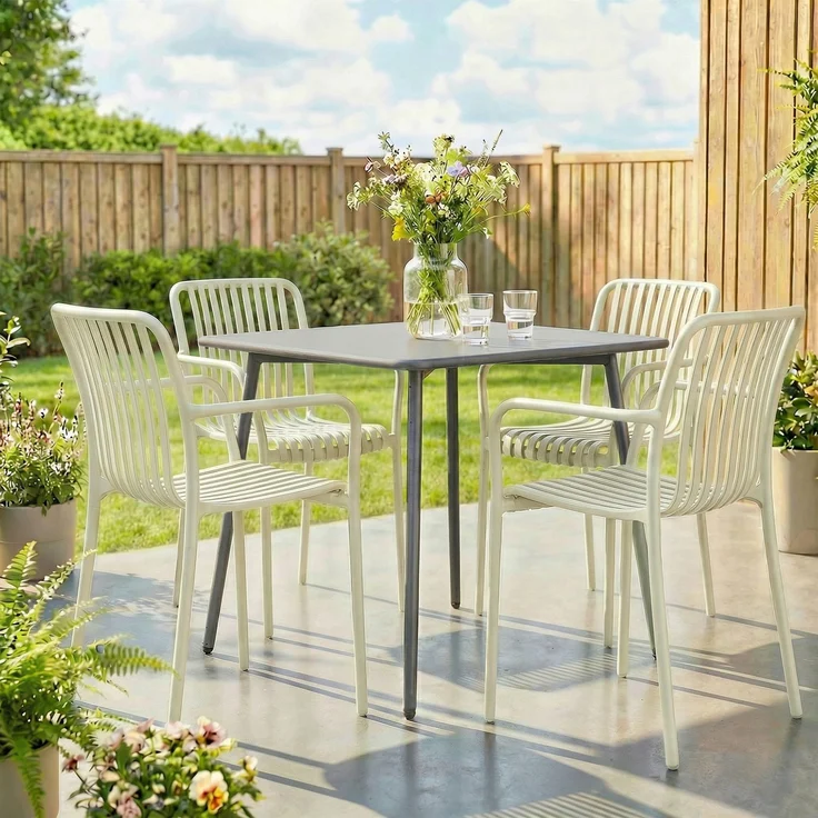 MELAYR, Gartenstühle 4er Set Stapelbare Terrassenstühle mit Lamelldesign Armlehnen, 58.5 x 55 x 81.5 cm, Cremeweiß – Bild 3