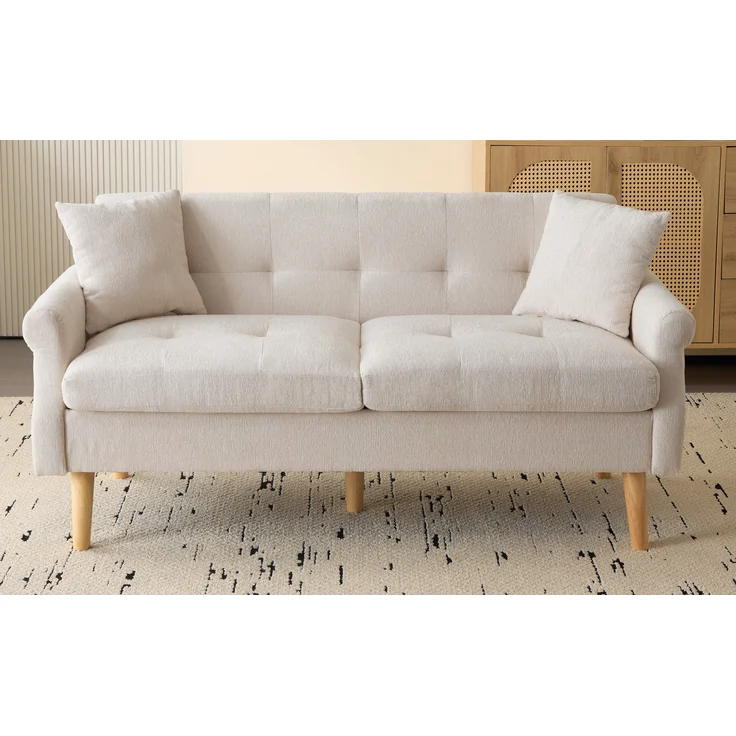 Chenille Kompaktsofa mit Federkern & hohen Massivholzfüßen, 162x74x77 cm, Beige – Bild 4