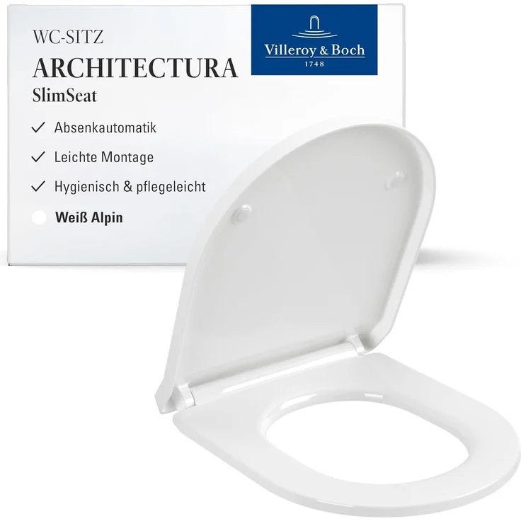 Villeroy & Boch Architectura WC-Sitz SlimSeat, Toilettendeckel mit Absenkautomatik, abnehmbarer Toilettensitz aus bruchsicherem Duroplast, Klodeckel Original Ersatzteil, D-Form, Weiß Alpin, glänzend – Bild 1