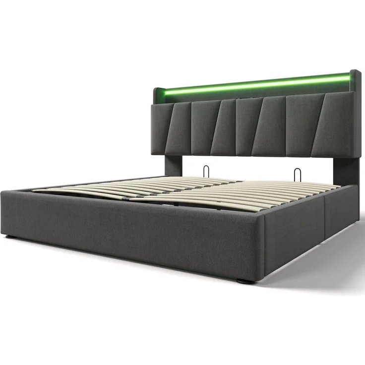 Polsterbett 140x200 cm mit Steckdosen, USB, RGBW-LED-App-Steuerung, Stauraum-Kopfteil & Bettkasten, Stoffbett Grau – Bild 8
