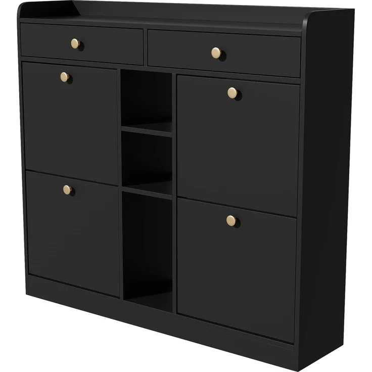 ZUBALIYA Schuhschrank (110 x 26 x 100 cm), 4 Klappfächer und 2 Schubladen, Offener Stauraum, Stauraum für Flur und Eingangsbereich, Schwarz – Bild 19
