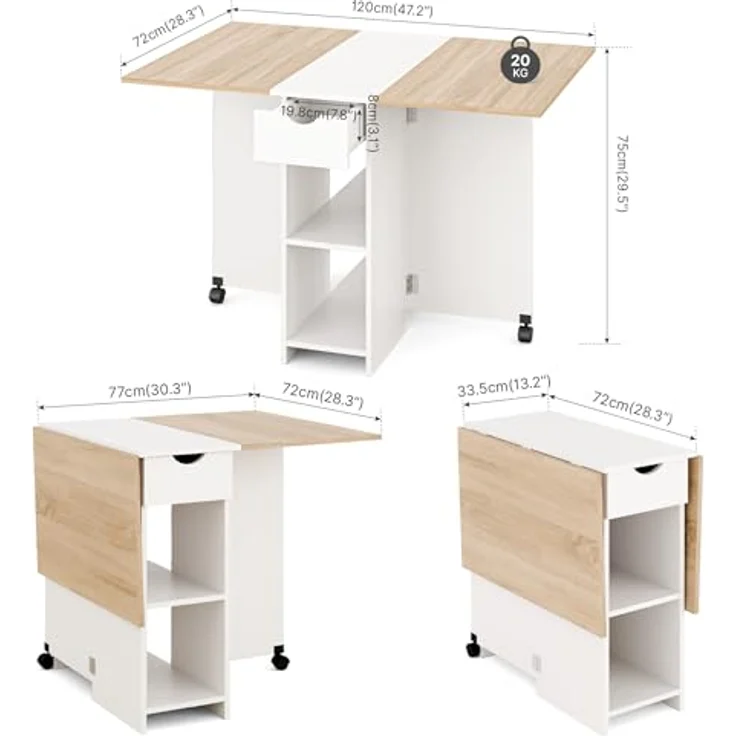 Mondeer Esstisch Klappbar, Küchentisch mit 1 Schublade und 2 Ablagen für 2-4 Personen, Klapptisch Esszimmertisch mit Rollen für Kleine Räume, Esszimmer, Küche, 72 x 120 x 75 cm, Eiche und Weiß – Bild 4