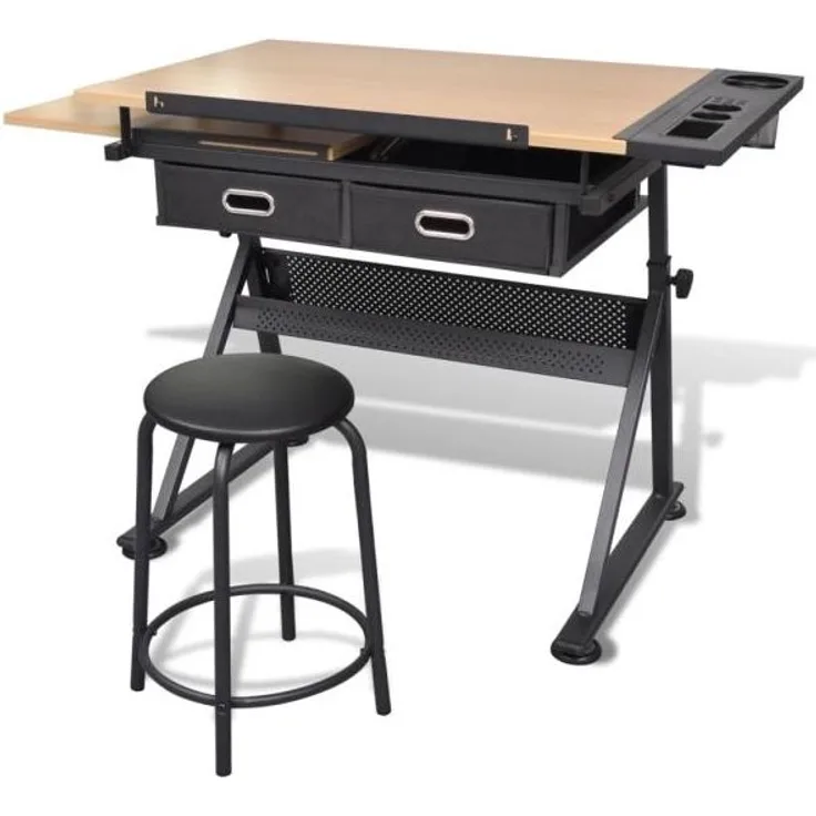 vidaXL Zeichentisch mit neigbarer Tischplatte 2 Schubladen und Hocker 20087