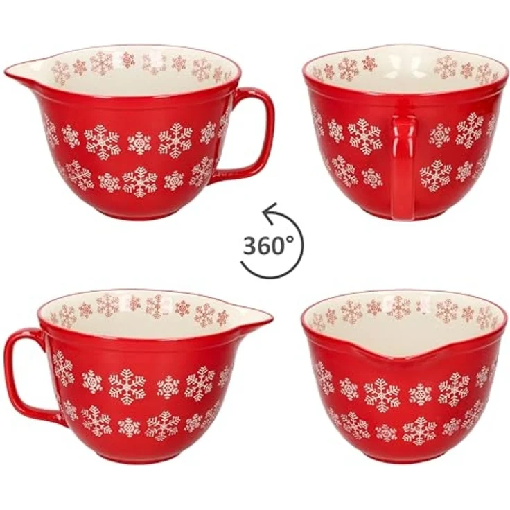 MamboCat Servierschale Rührschüssel Schneeflocke rot creme 2,5L Teigschale mit Griff Kekse, Steingut – Bild 4