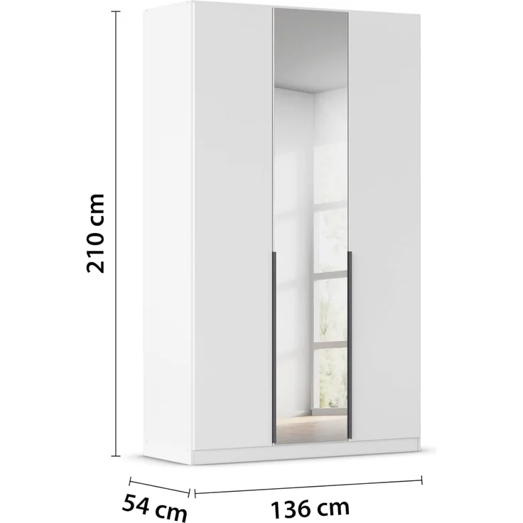 Rauch Möbel Alabama, Kleiderschrank, Garderobe, 3-türig, Spiegel, Zubehör Premium, 2 Kleiderstangen, 5 Einlegeböden, Schubladeneinsatz, Farbe Weiß, Griff Grau metallic, 136 x 210 x 54 cm – Bild 3