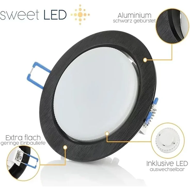 Sweet LED LED Einbaustrahler 6er Set GX53 8,2W 230V Schwarz 4000K Rund LED Einbauleuchten Aluminium, LED wechselbar, 4000K - Neutralweiß, Deckenspots, Ø95mm, Einbauleuchten – Bild 3