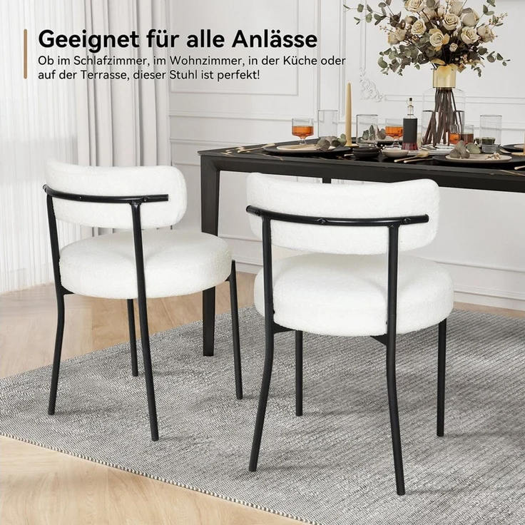 Puluomis Esszimmerstuhl (2/ 4/6er Set Bouclé mit Rückenlehnen, Polsterstühle Küchenstühle mit Metallbeinen, für Esszimmer Küche Wohnzimmer Schlafzimmer, Modern Retro Design, 8 St), Weiß, Schwarz – Bild 4