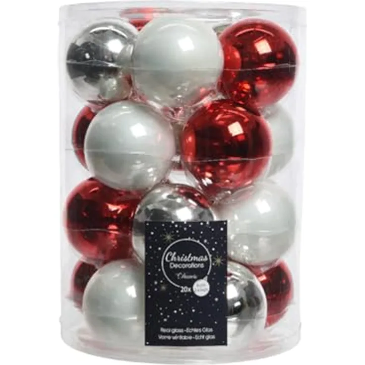 Kaemingk Glaskugeln Set rot weiß silber, 20-tlg. Weihnachtsbaumdeko Ø 6 cm, uni glanz/matt
