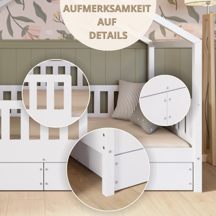Crazy Pine 'Crazy House' Hausbett mit abnehmbaren Rausfallschutz, Naturholz, Weiß, 100x190 cm, mit Schubladen – Bild 9