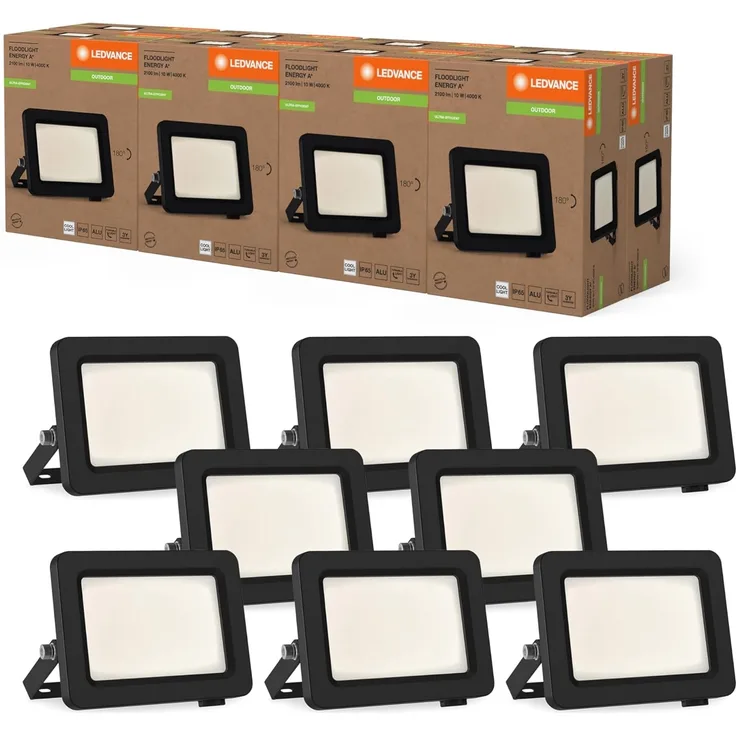 LEDVANCE LED-Flutlicht mit Energieeffizienzklasse A, schwarzes Aluminiumgehäuse, 10 W, 1750 lm, für Außenanwendungen, kompaktes Design, leichtes Gewicht, einfache Montage,8-Pack