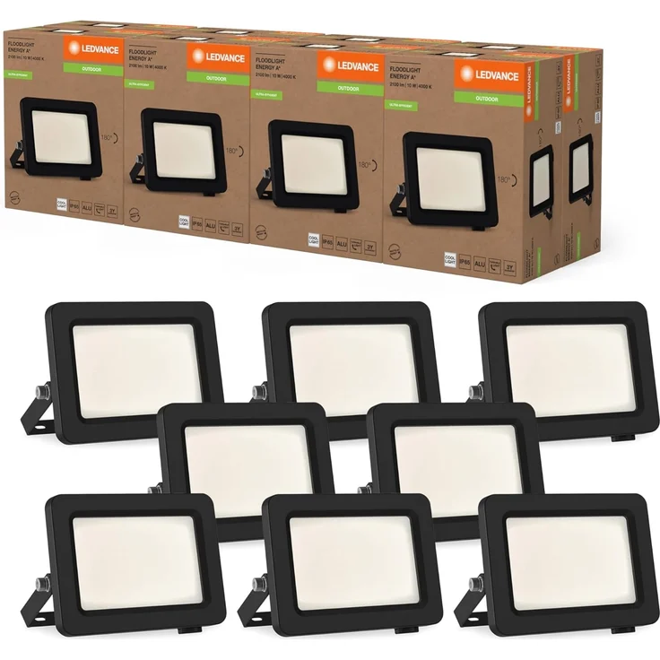 LEDVANCE LED-Flutlicht mit Energieeffizienzklasse A, schwarzes Aluminiumgehäuse, 10 W, 1750 lm, für Außenanwendungen, kompaktes Design, leichtes Gewicht, einfache Montage,8-Pack