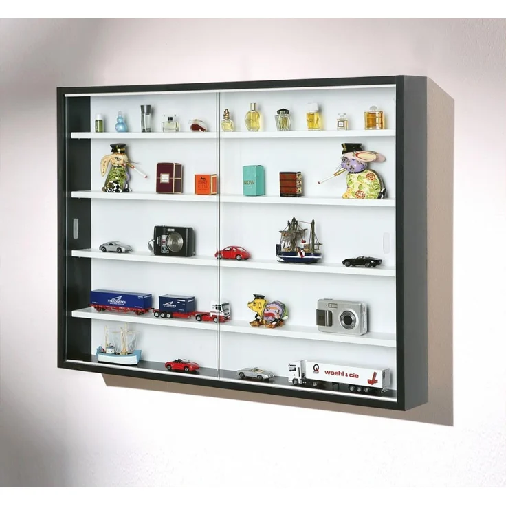 Inter Link Sammlervitrine Hängevitrine Wandregal Glasvitrine Wandvitrine Hängeregal Schaukasten MDF Schwarz und Weiss – Bild 2