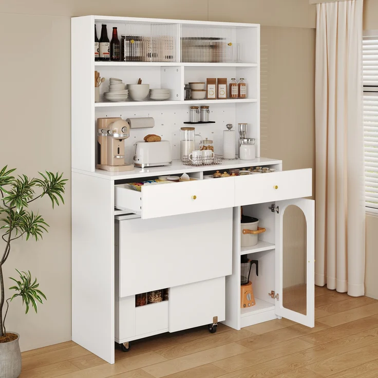 EINHOM Küchenschrank Set mit Klappbarem Esstisch und Bartisch, Mobiler Esstisch auf Rollen, Hochschrank mit Stauraum, Möbel Set für Küche, Esszimmer und Wohnzimmer, Weiß – Bild 3