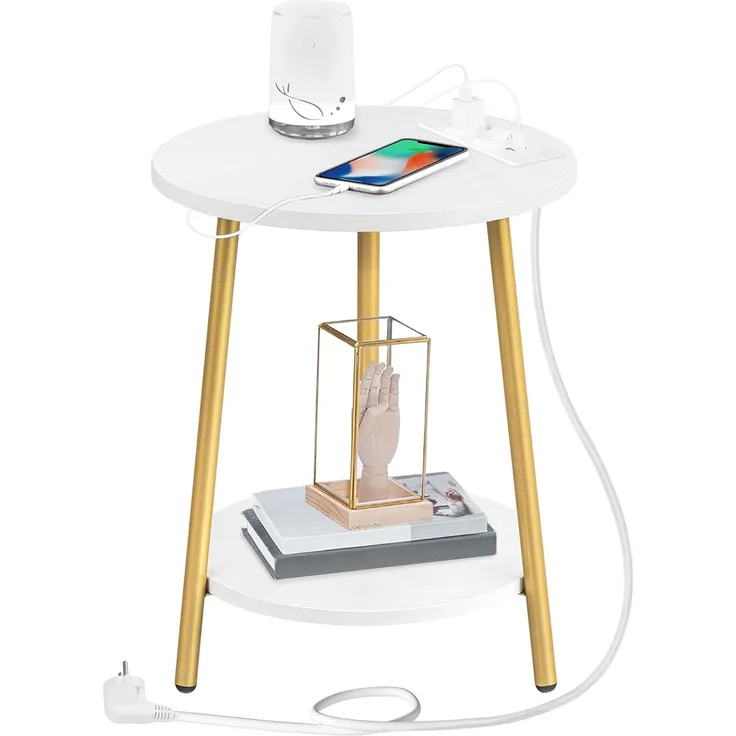 HOOBRO Beistelltisch mit Ladestation, runder Couchtisch mit 2 Ebenen, Wohnzimmertisch, Nachttisch für kleine Räume, Sofatisch für Wohnzimmer, Schlafzimmer, Weiß und Gold EDW67CBZ01