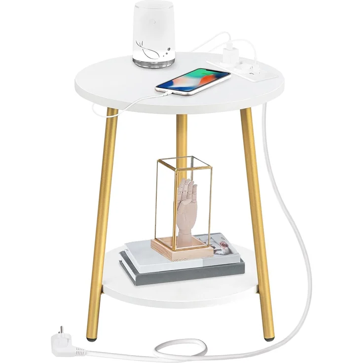 HOOBRO Beistelltisch mit Ladestation, runder Couchtisch mit 2 Ebenen, Wohnzimmertisch, Nachttisch für kleine Räume, Sofatisch für Wohnzimmer, Schlafzimmer, Weiß und Gold EDW67CBZ01