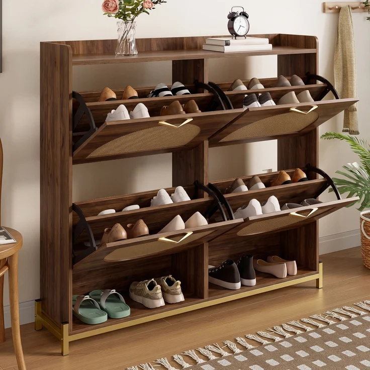 Schuhschrank 108,5x24x100 cm in Nussbaum, 4 Klappen und offene Fächer – Bild 2