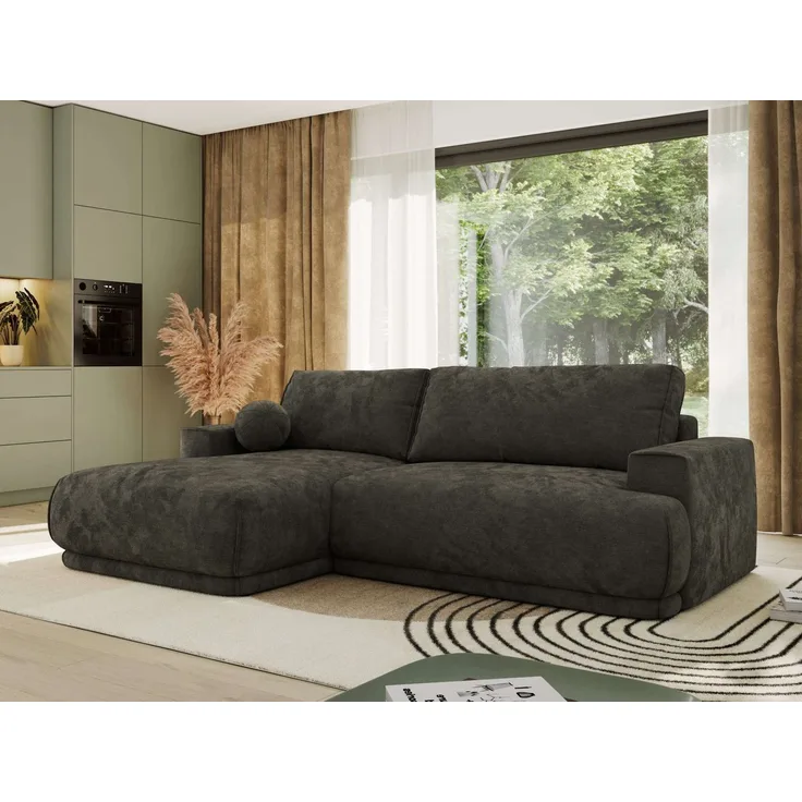 RINA L Design Ecksofa, Schlaffunktion & Stauraum, DL-System, Wellenfedern, Liegefläche 220x155 cm, freistehendes Polstersofa, Schlafcouch - Dunkelgrau Schenille glatt - Links Seite