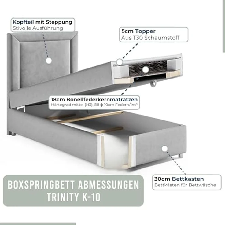Best for Home Boxspringbett mit Bettkasten Trinity K-10 SINGLE Bonellfederkern inkl. 7 cm Topper (Einzelbett, Polsterbett gepolstertes Kopfteil, Jugendbett, Kinderbett versch. Größen, 70x200 80x200 90x200 100x200 cm), mit oder ohne Topper, Flexible Lie... – Bild 4