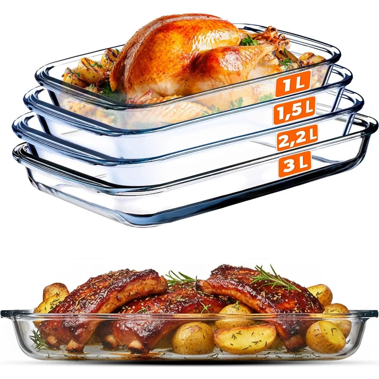 KADAX rechteckige Auflaufform 1 + 1,5 + 2,2 + 3L aus hitzebeständigem Glas, Spülmaschinenfeste Gasbackformen, Geschirr zum Braten, Glasauflaufform für Lasagne, Kuchen 4er-Set – Bild 2