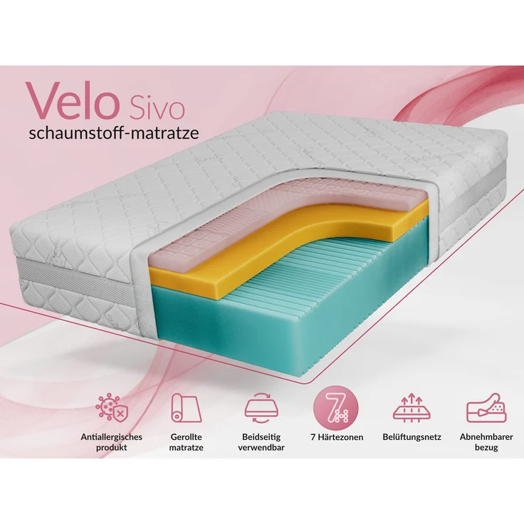Schaummatratze für Allergiker, 7-Zonen, Visco Schaum memory, Höhe 26 cm, Kaltschaum Matratze, Härtegrad H2 - 90 x 200 cm - VELO - SIVO – Bild 2