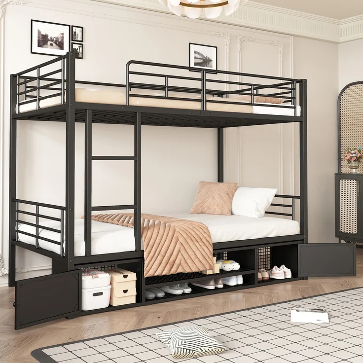 EINHOM Etagenbett 90x200cm mit Offener schuhschrank, kinderbett mit Seitenleiter und Fallschutzgitter, Schwarz (Ohne Matratze) – Bild 7