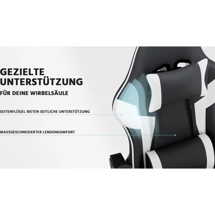 Gamingstuhl aus PVC mit verstellbarer Rückenlehne, Fußstützen und Rollen, 58,5x63x120,5 cm, Schwarz/Weiß – Bild 8