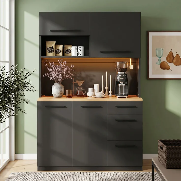 Buffetschränke, Esszimmer-Hochschrank 120×40×180 cm, mehrstufigem Stauraum, integrierter Steckdose sowie USB-C- und USB-A-Anschlüssen,Mit farbigem Lichtstreifen, Schwarz – Bild 2