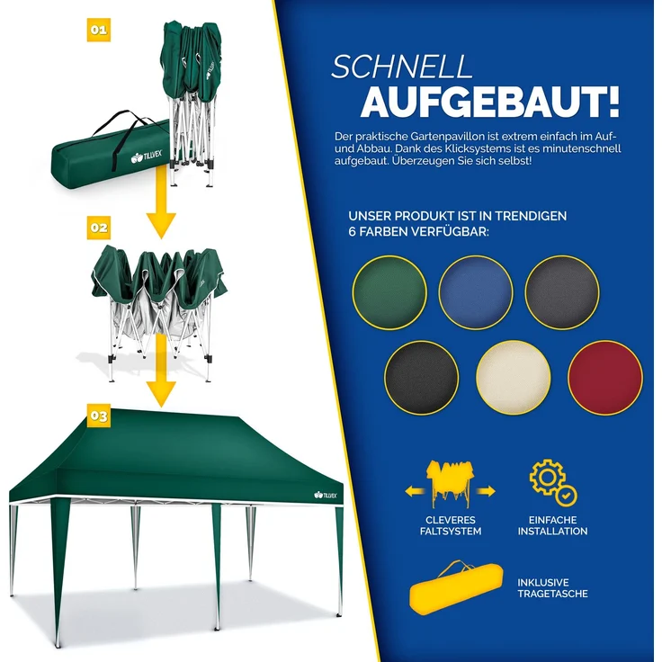 tillvex Pavillon 3x6m Grün wasserdicht | Pop-Up Faltpavillon höhenverstellbar | Gartenzelt UV Schutz 50+ | Partyzelt mit Tasche für Garten – Bild 8